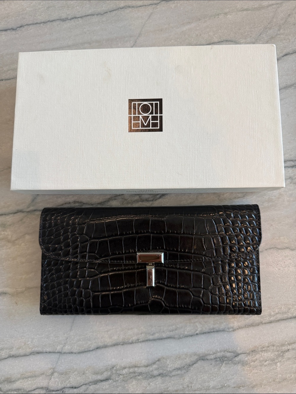 Toteme Black Croc-Embossed Leather Wallet/ Clutch with Silver T-Clasp Incl. Box